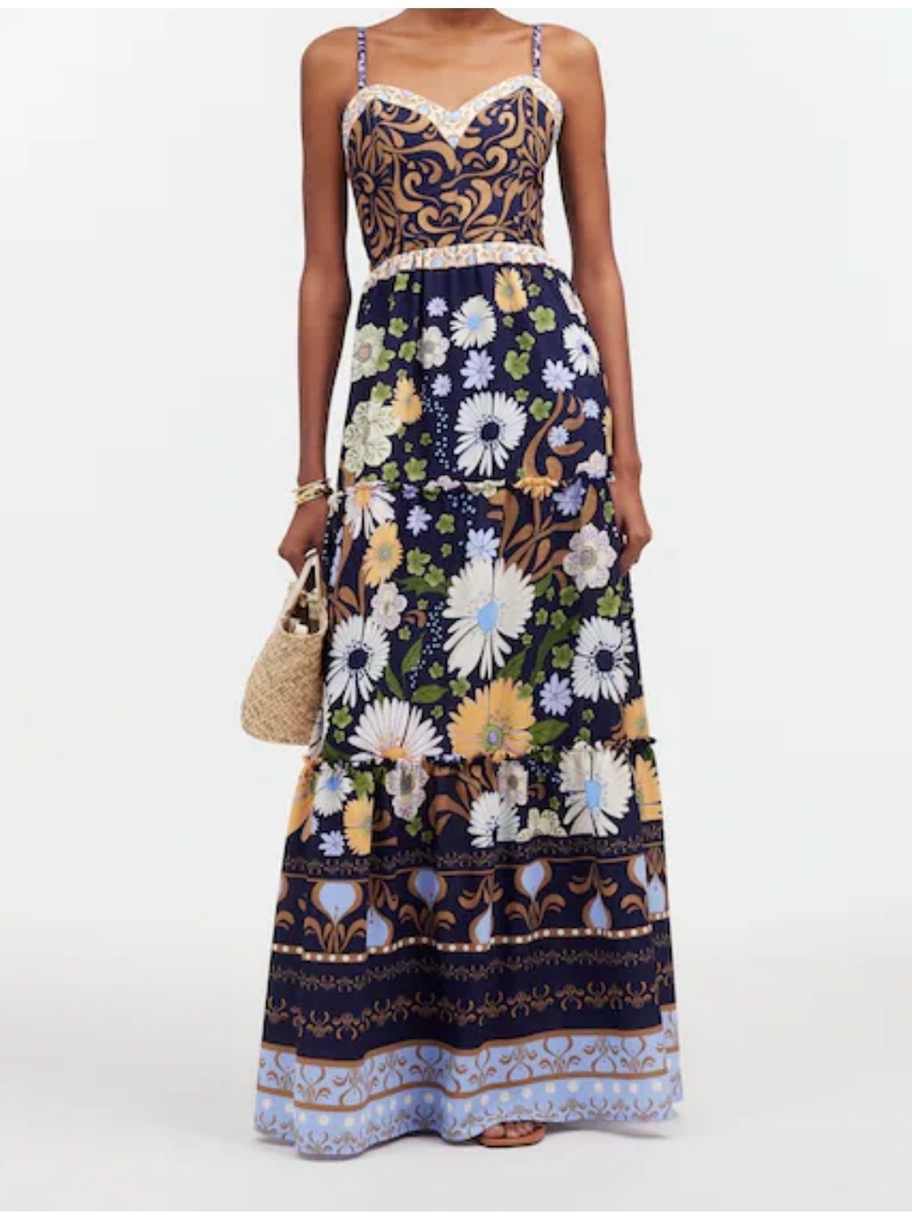 NEW Agua Bendita Navy Brown Floral Suzie Lightweight Poplin Tiered Maxi Dress S